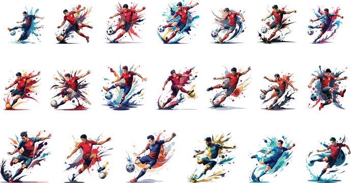 soccer player, football player kicking with colorful splashes, set vector illustration