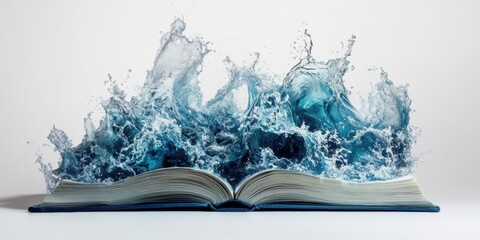 A creative illustration depicting a book with waves emerging from its pages, symbolizing the power of knowledge and imagination in a visually striking way.