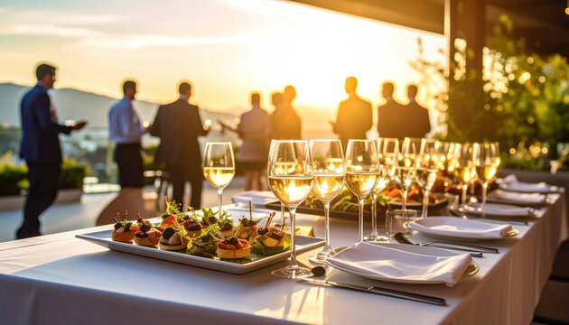 Elegant business event with appetizers, sunset view, and wine glasses