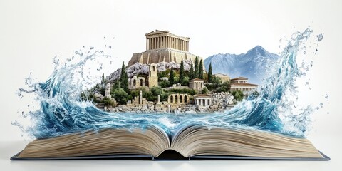 A stunning 3D artwork of an ancient Greek landscape emerging from an open book, blending literature and history with waves crashing, symbolizing knowledge and exploration.