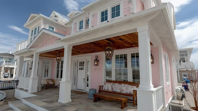 Elegant Pink Coastal Home Exterior with Porch, Lanterns, and Wooden Bench