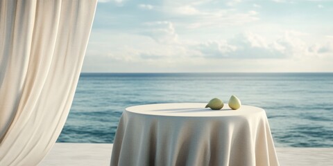 A serene seaside setting featuring a table with two lemons, perfect for showcasing relaxation, dining, or vacation themes.
