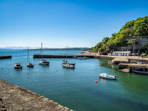 Dysart, one of the famous villages on the Fife Coast, and the Harbour Entrance, Fife, Scotland, on a lovely spring day with clear blue sky.