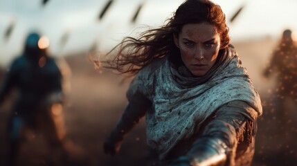 This powerful image of a warrior woman in battle portrays strength and resilience, emphasizing themes of bravery, struggle, and determination amidst a dramatic backdrop of chaos.