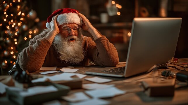 A distressed Santa Claus, with glasses and a white beard, sits in front of a computer surrounded by papers, conveying a humorous take on holiday stress in a cozy, festive environment.