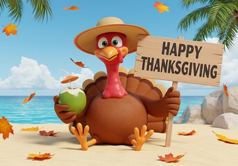 Cartoon Turkey on Beach Celebrates Happy Thanksgiving. Generative Ai