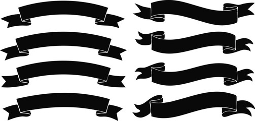 Black ribbon banner silhouettes on white background
