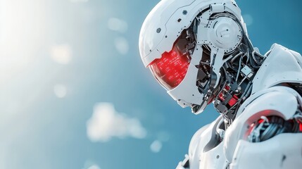 An advanced, futuristic robot stands contemplatively against a vast, open sky, emphasizing the relationship between technology and humanity with its striking red glowing eyes.