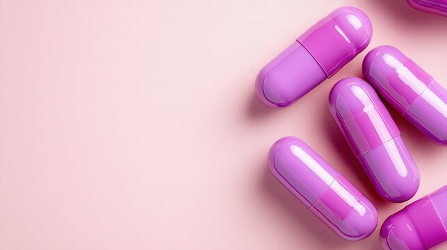 A minimalist arrangement of vibrant purple capsules on a soft pink background showcases modern design aesthetics, perfect for health and wellness imagery.