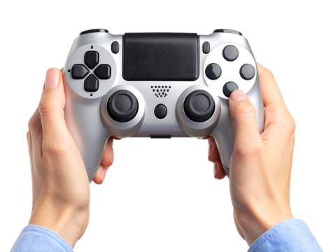 Two hands holding a silver gaming controller, symbolizing immersive gameplay.