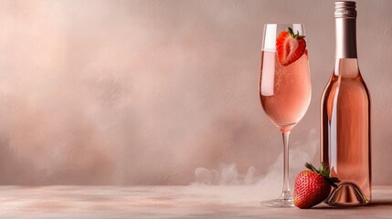 A beautifully arranged glass of sparkling rosé wine garnished with fresh strawberries, next to a stylish wine bottle, promoting elegance and indulgence in culinary experiences.