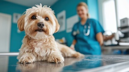 A fluffy dog is comfortably resting on an examination table in a veterinary clinic, with a caring staff member in the background, highlighting the bond between pets and their caregivers.