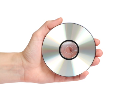 A hand holding a blank silver CD, symbolizing data storage and media.