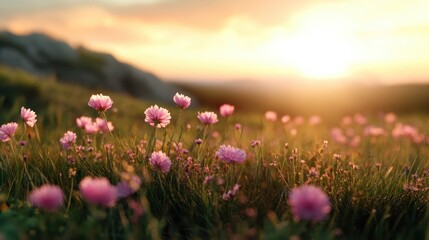 Obraz premium A serene landscape showcasing delicate pink flowers bathed in golden sunset light, evoking feelings of tranquility, beauty, and the gentle transition of day into night.
