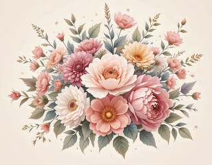 Un ramillete de elementos florales de estilo vectorial, dispuestos en una estética de acuarela suave, onírica y caprichosa, con delicadas pinceladas
