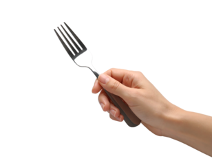 A hand holding a silver dining fork, symbolizing eating and meals.