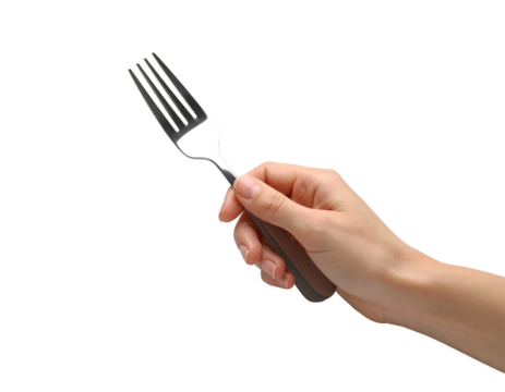 A hand holding a silver dining fork, symbolizing eating and meals.