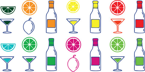 Cocktail drinks with fruits and liquor bottles