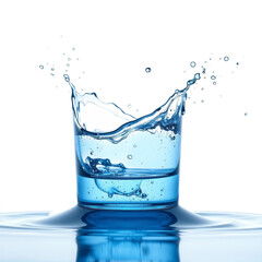 Splashing waves create mesmerizing patterns in a vibrant blue glass against a minimalistic backdrop of serene water