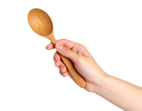 A hand holding a wooden spoon against a white background. - Powered by Adobe
