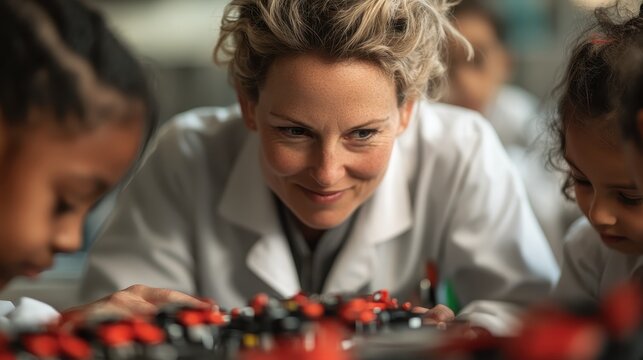 A female scientist interacts with excited children during a science experiment, promoting curiosity and learning in a classroom setting. This image embodies the joy of education.