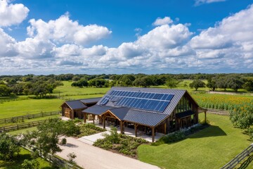 drone view circling above a sunny Texas farmhouse with large barn-style roof covered in solar panels