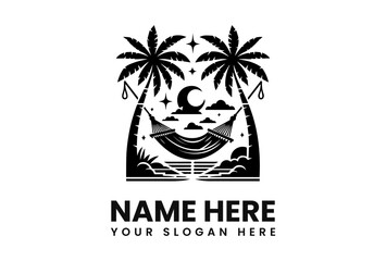 Black and white illustration of palm trees framing a hammock under a night sky.