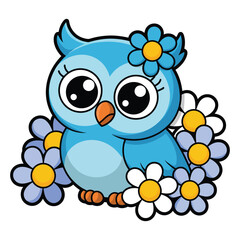 Cute Cartoon Baby Blue Owl Surrounded by Yellow and Purple Flowers baby owl cartoon owl