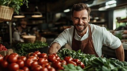 A friendly male grocer stands proudly among fresh vegetables and fruits, embodying a healthy lifestyle and the joy of serving his community with high-quality produce.
