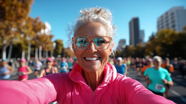 A vibrant elderly woman radiates joy during a marathon, surrounded by fellow runners. Her smile captures the spirit of community and active living in an urban setting. - Powered by Adobe