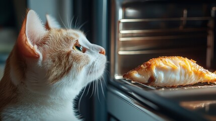 A curious cat gazes intently at a beautifully cooked fish inside an oven, capturing the moment of anticipation and desire for the tasty meal to come, showcasing feline interest.