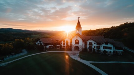 A breathtaking sunset illuminating a charming alpine villa, showcasing the perfect blend of nature and architecture in a serene mountainous landscape.