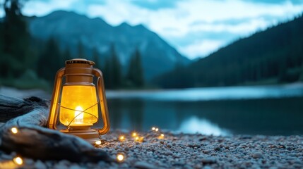 A classic lantern glows softly by a tranquil lakeside, surrounded by nature, creating a peaceful ambiance that invites relaxation and contemplation under the evening sky.
