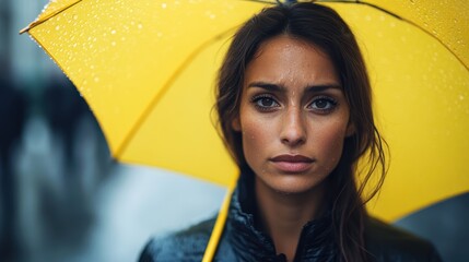 A portrait of a woman holding a bright yellow umbrella, rain droplets cascading down, encapsulates strength and resilience against the backdrop of a rainy urban environment.