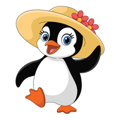 Fototapeta premium Happy Cartoon Penguin Wearing Yellow Sun Hat with Red Flowers Walking illustration
