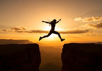Silhouette of person leaping across gap at sunset concept of risk, courage, and achievement