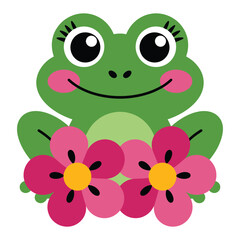 Obraz premium Happy Green Frog Sitting Pretty Among Pink and Yellow Flowers Cartoon Illustration