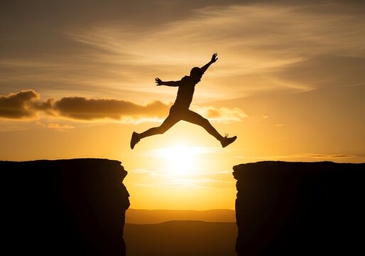 Silhouette of person leaping across gap at sunset concept of risk, courage, and achievement