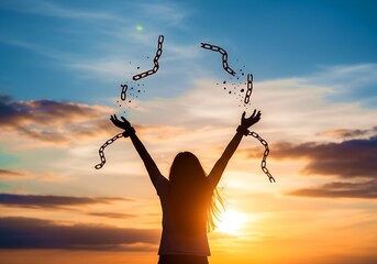 Silhouette of person breaking free from chains at sunset concept of freedom and empowerment