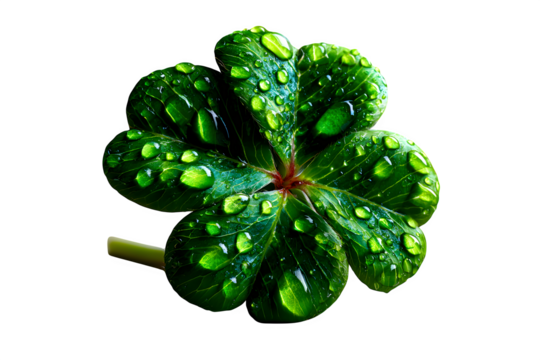 Four-leaf clover symbol of good luck, detailed close-up view with natural imperfections, shown on white surface and isolated to transparent background