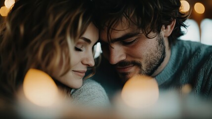 A tender moment between a couple sharing an intimate embrace amidst a cozy ambiance filled with warm candlelight, highlighting love and connection.