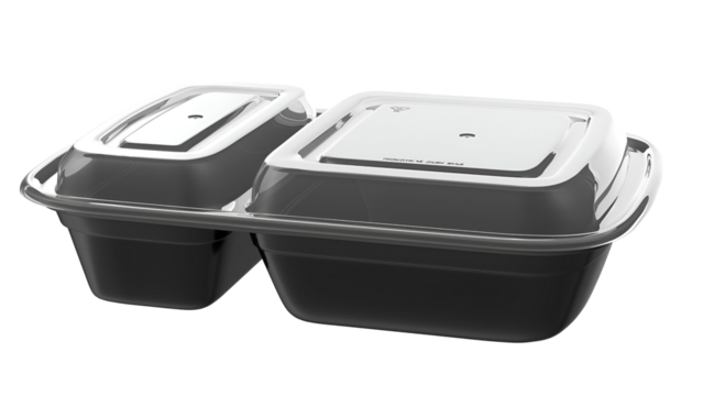 Two compartment food container with lids for storage or takeout purposes.