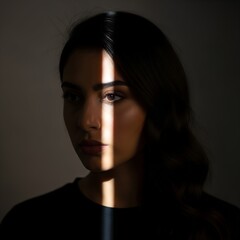 Dramatic portrait of young woman in shadow and light with emotional expression