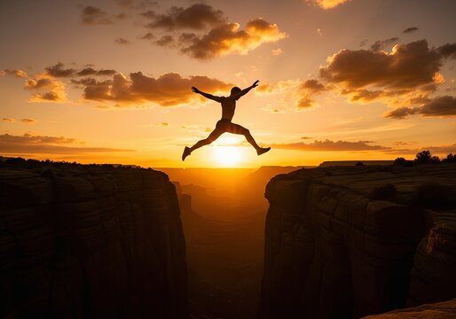 Silhouette of person leaping across gap at sunset concept of risk, courage, and achievement - Powered by Adobe