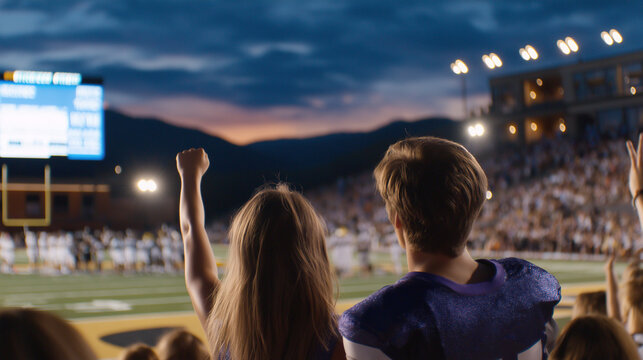 Exciting high school football game with cheerleaders and players