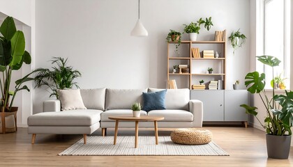 Cozy Living Room Oasis Modern Interior with Plants with Sofa  Natural Light.