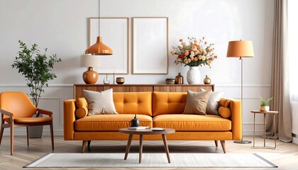 Cozy Living Room Modern Orange Sofa  Decor with Blank Picture Frames.