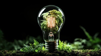 A unique glass light bulb showcasing a miniature green ecosystem, representing the harmonious blend of technology and nature, highlighting sustainable innovation in modern design.