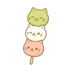 Cute cat-shaped dango illustration, with a beautiful combination of colors and interesting expressions. dango dessert from japan