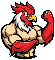 Muscular Rooster Mascot Flexing Bicep - Strong Chicken Cartoon Illustration © MD SHUVO AL SHAIED